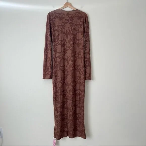 Pretty Little Thing Mocha Floral Sheer Burnout Maxi Dress Long Sleeve NEW Sz 12 - Picture 7 of 9